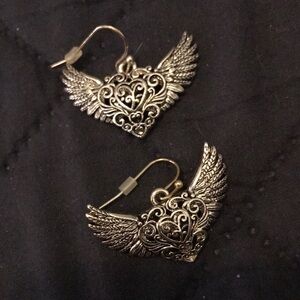 NWOT Intricate Silver Winged Heart Earrings shades of Harley Davidson